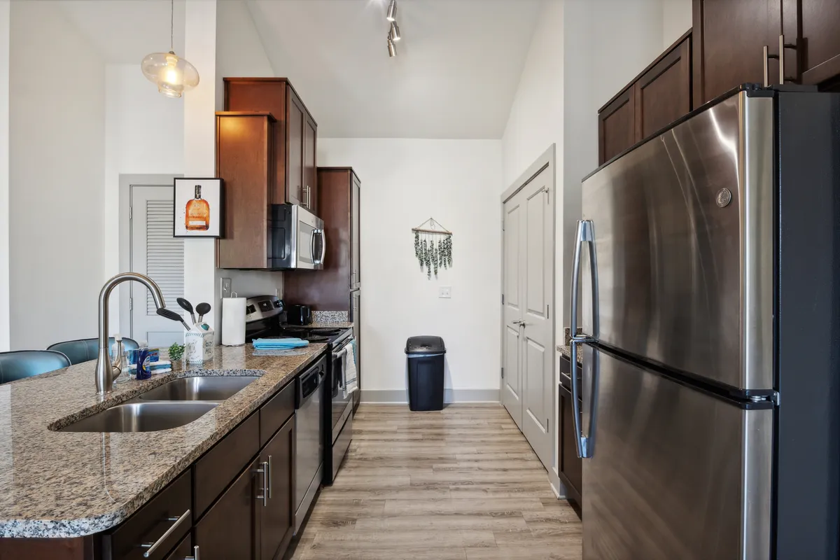 This kitchen scene features a granite countertop, stainless steel appliances, decorative hanging plant, and a spacious sink area. The design is both functional and welcoming, blending stylish decor with practical amenities.