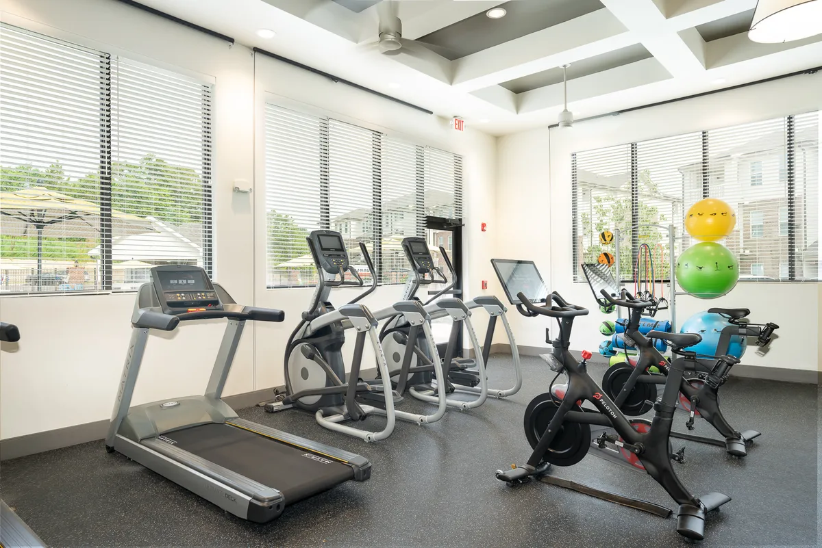 This interior shot highlights a well-equipped fitness center, featuring treadmills, elliptical machines, stationary bikes, and fitness balls. The space is bright and energetic, designed for both individual workouts and group classes.