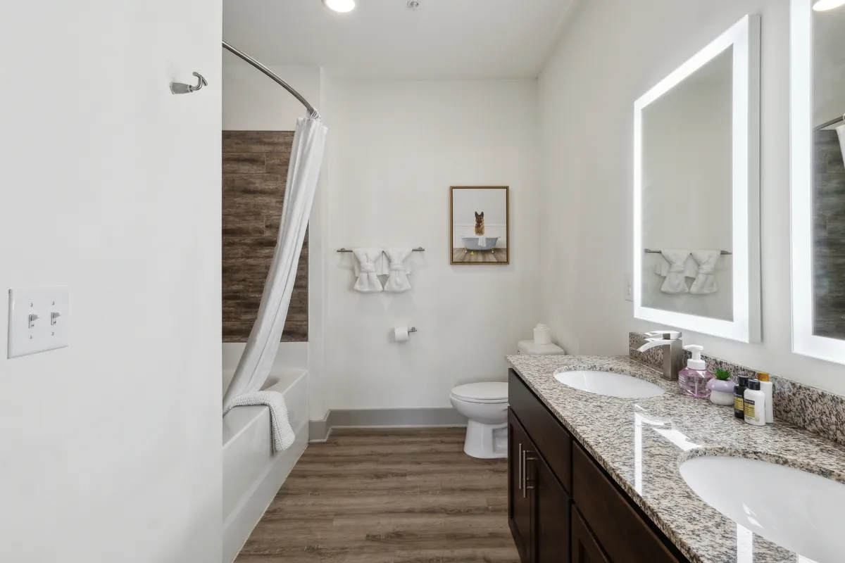 A modern bathroom with a double sink vanity, expansive mirrors, a bathtub with a shower curtain, a warm wooden accent wall, and framed artwork. The space is bright, airy, and designed for rejuvenation and self-care.