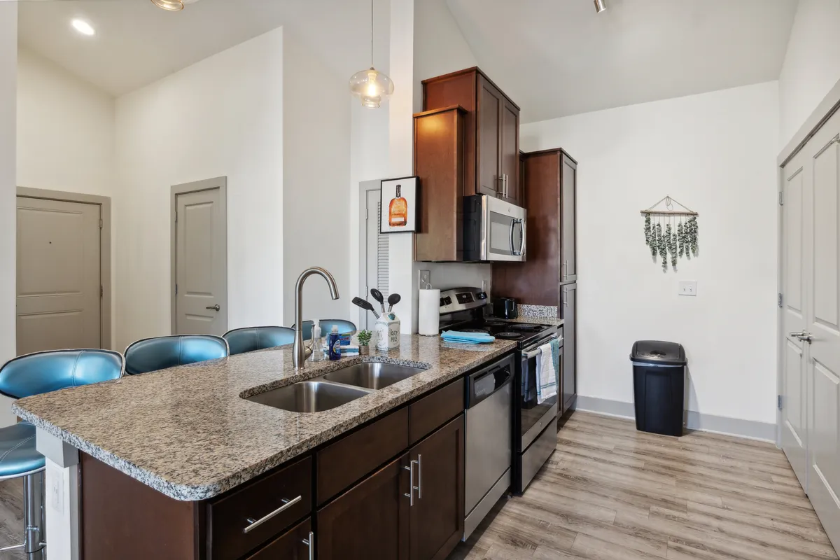 This image showcases a modern kitchen with a striking granite countertop, stainless steel appliances, and inviting blue bar stools. Decorative greenery and wall art add warmth and personality, while the setup encourages both cooking and socializing.
