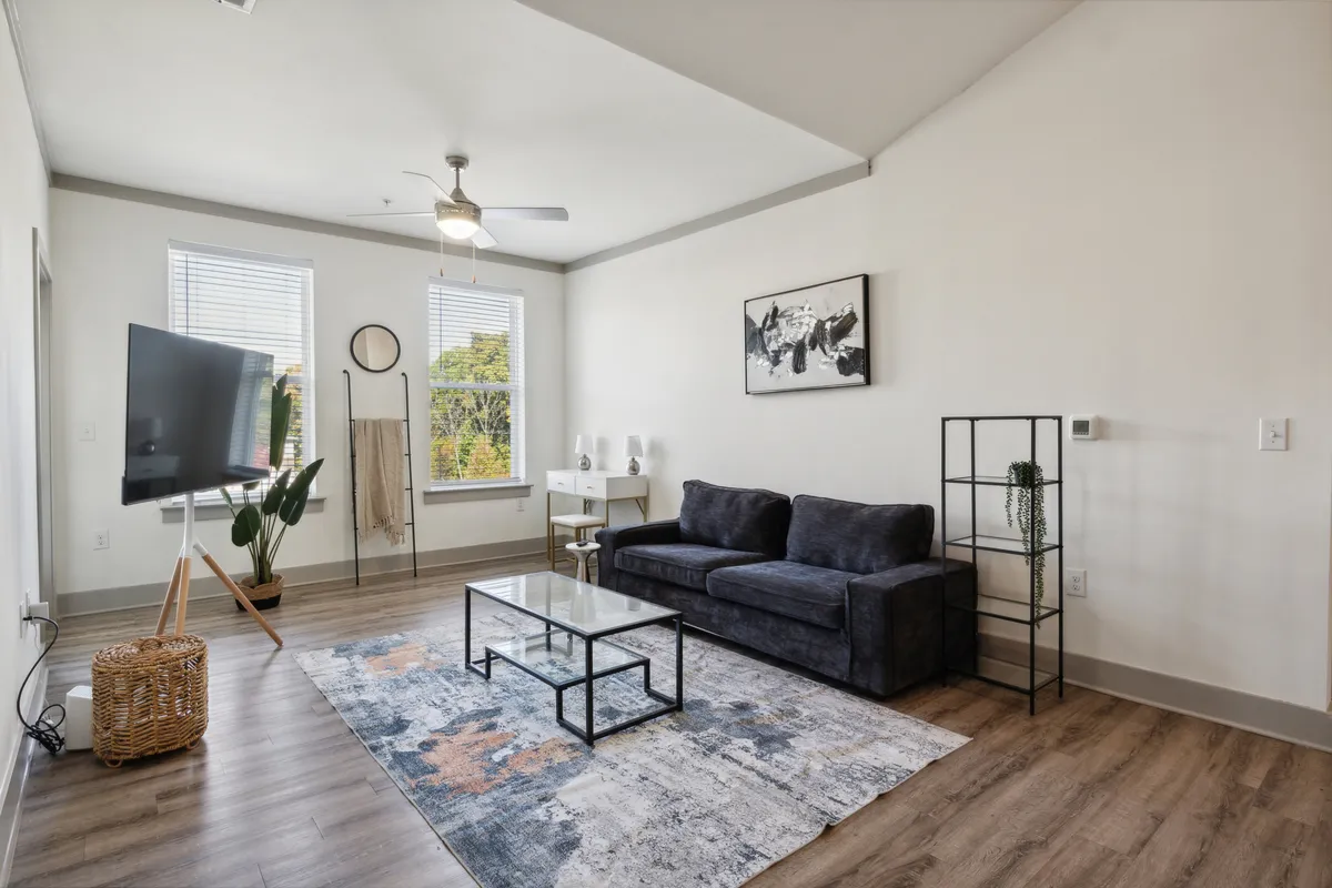 The image showcases a stylish, inviting living room with a plush sofa, modern coffee table, flat-screen television, cozy rug, and lush green plants. The space is designed for relaxation and socializing, with warm lighting and thoughtfully arranged décor that creates a homelike, welcoming atmosphere.